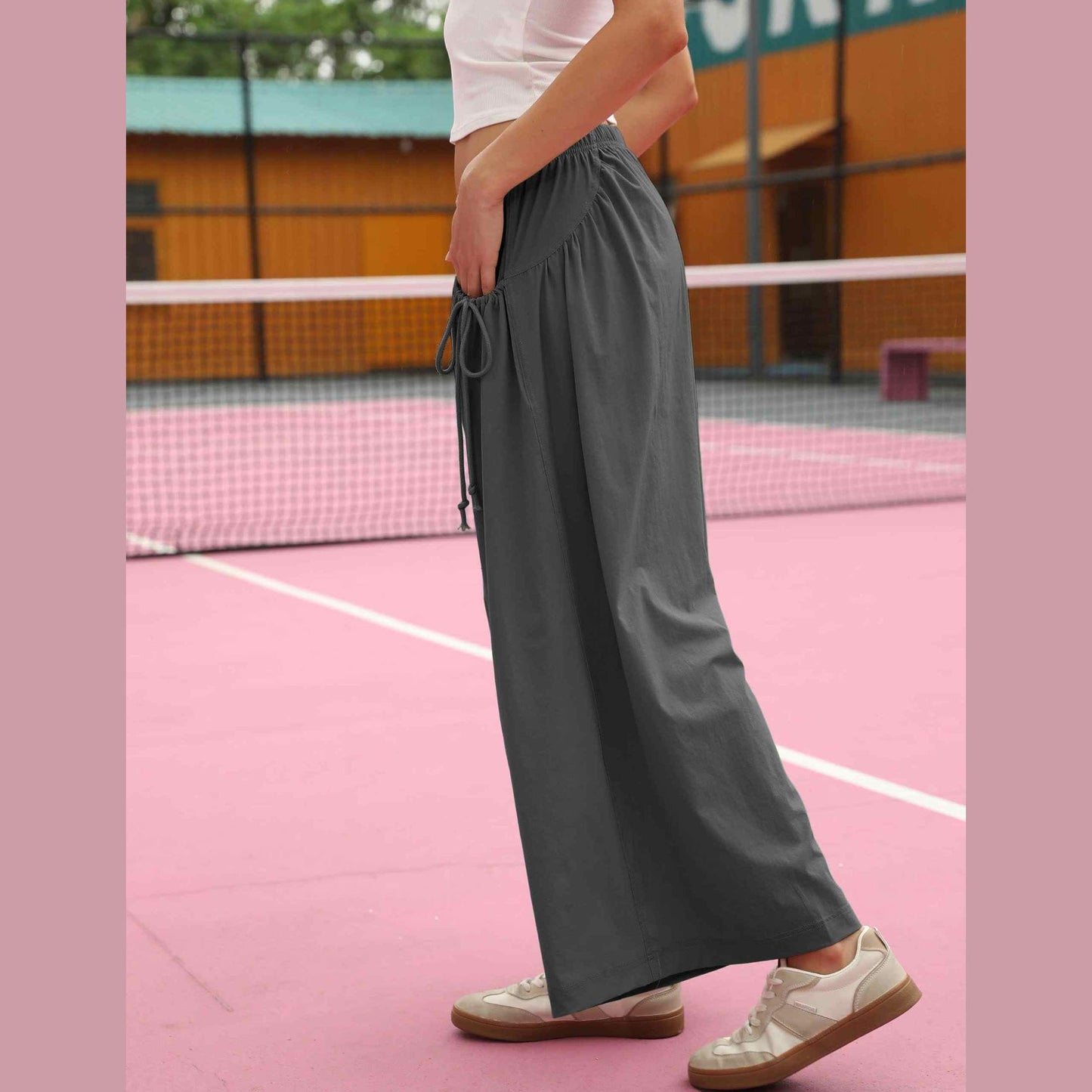⏰Hot Sale Women's Loose Wide Leg Track Pants Drawstring Pockets Elastic Waist Capri Hiking Pants