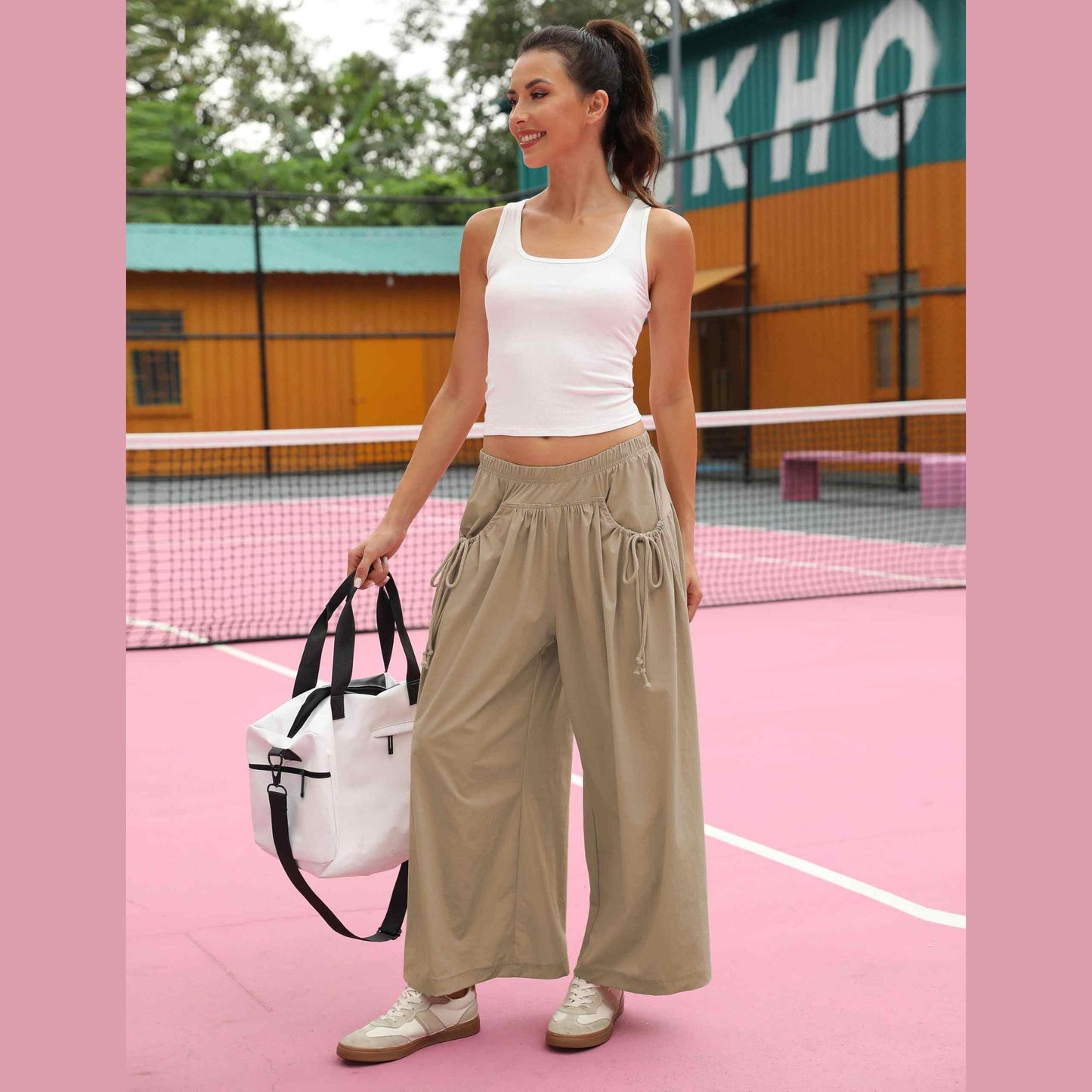 ⏰Hot Sale Women's Loose Wide Leg Track Pants Drawstring Pockets Elastic Waist Capri Hiking Pants