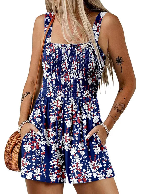 💃Women's Summer Square Neck Sleeveless Loose Casual Short Smocked Romper