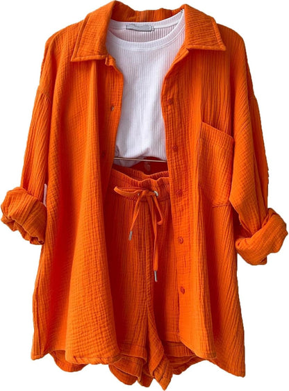 🔥Last day promotion🔥Women's Pleated Button Shirt Casual Suit（Top + vest + shorts）