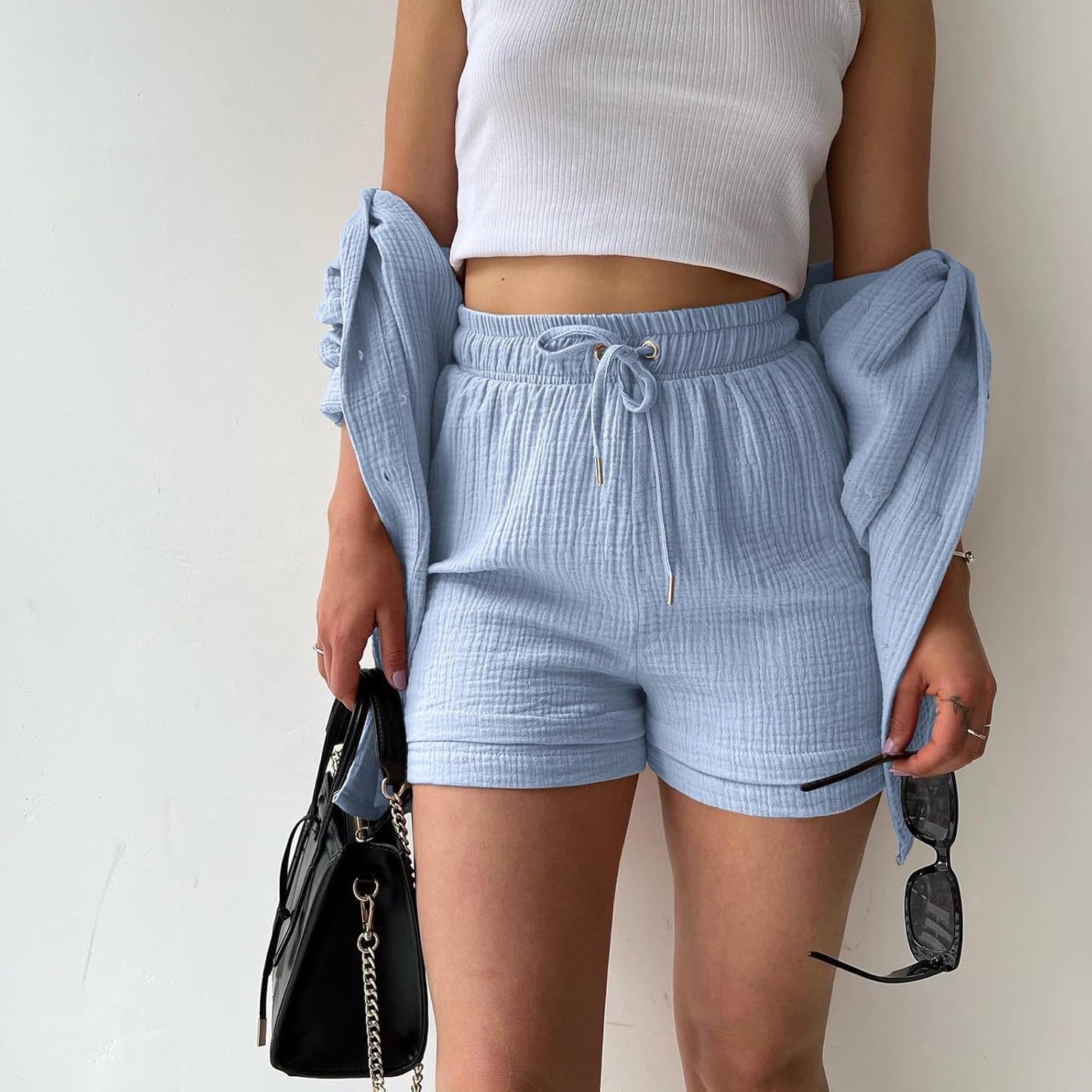 🔥Last day promotion🔥Women's Pleated Button Shirt Casual Suit（Top + vest + shorts）