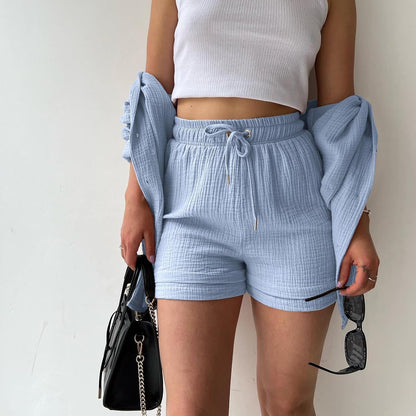 🔥Last day promotion🔥Women's Pleated Button Shirt Casual Suit（Top + vest + shorts）