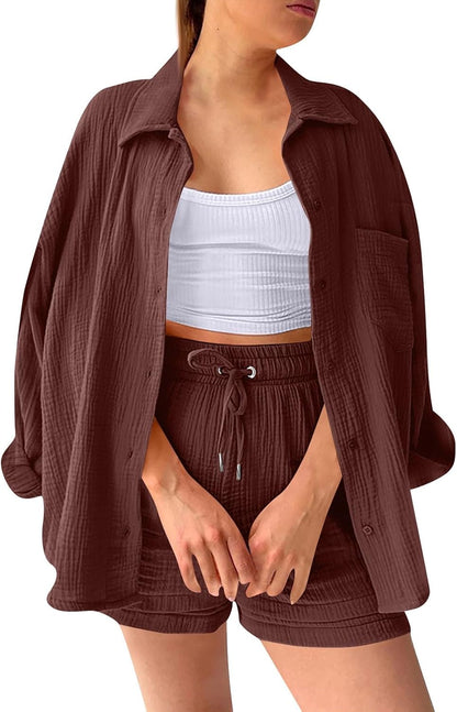 🔥Last day promotion🔥Women's Pleated Button Shirt Casual Suit（Top + vest + shorts）