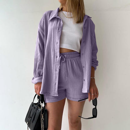 🔥Last day promotion🔥Women's Pleated Button Shirt Casual Suit（Top + vest + shorts）