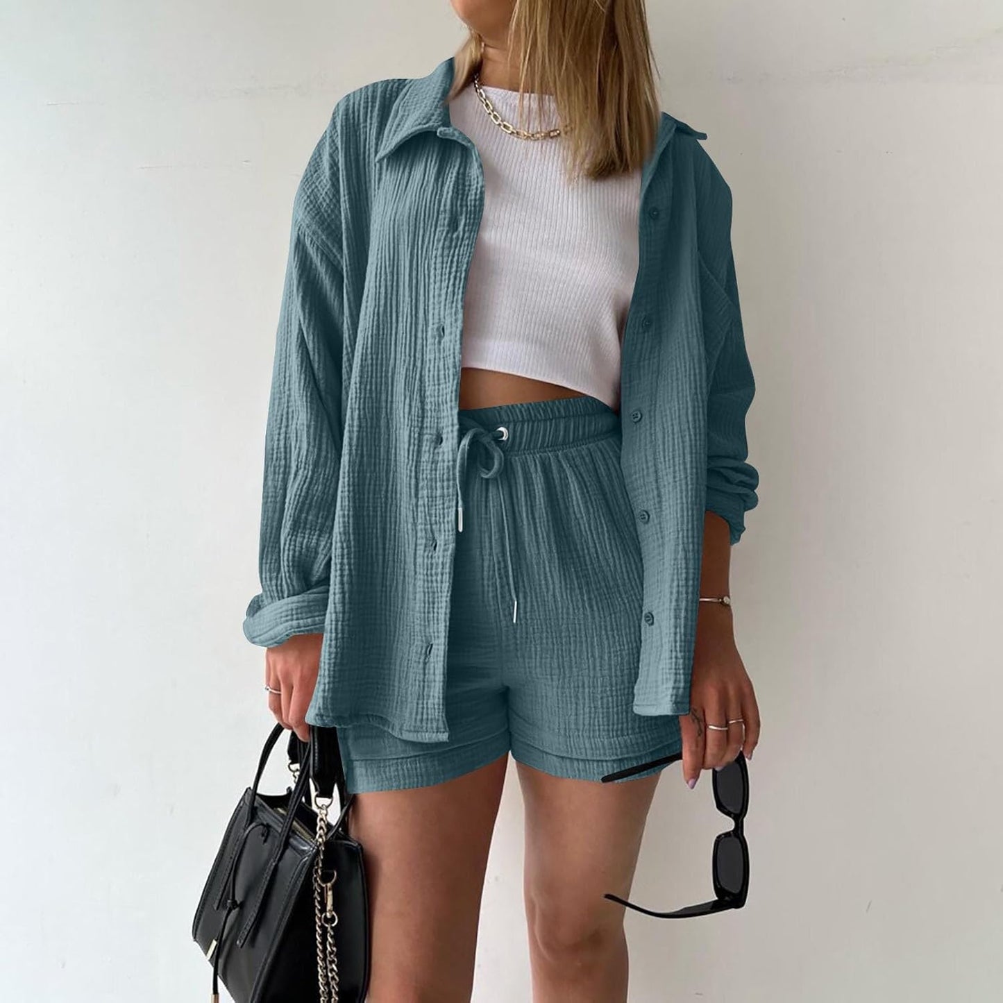 🔥Last day promotion🔥Women's Pleated Button Shirt Casual Suit（Top + vest + shorts）