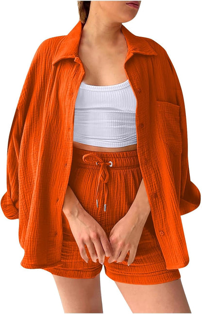 🔥Last day promotion🔥Women's Pleated Button Shirt Casual Suit（Top + vest + shorts）