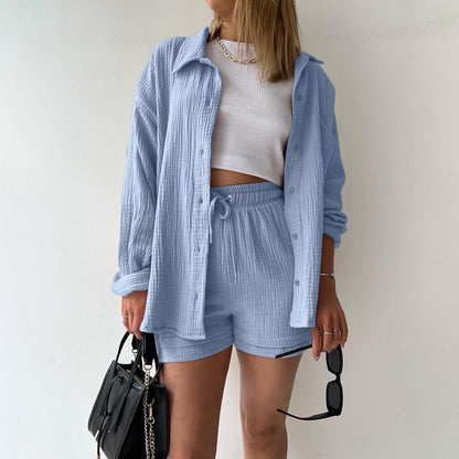 🔥Last day promotion🔥Women's Pleated Button Shirt Casual Suit（Top + vest + shorts）