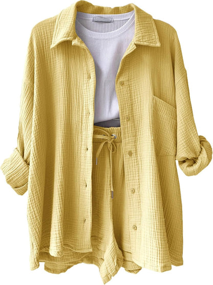 🔥Last day promotion🔥Women's Pleated Button Shirt Casual Suit（Top + vest + shorts）