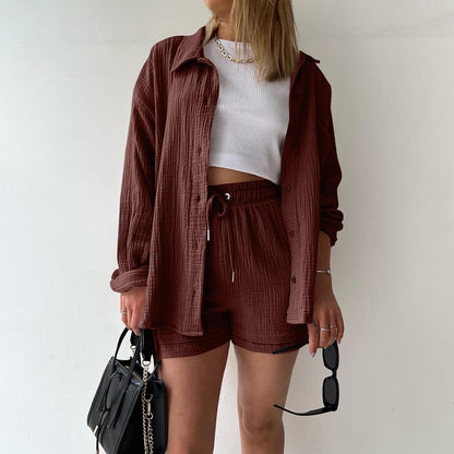 🔥Last day promotion🔥Women's Pleated Button Shirt Casual Suit（Top + vest + shorts）