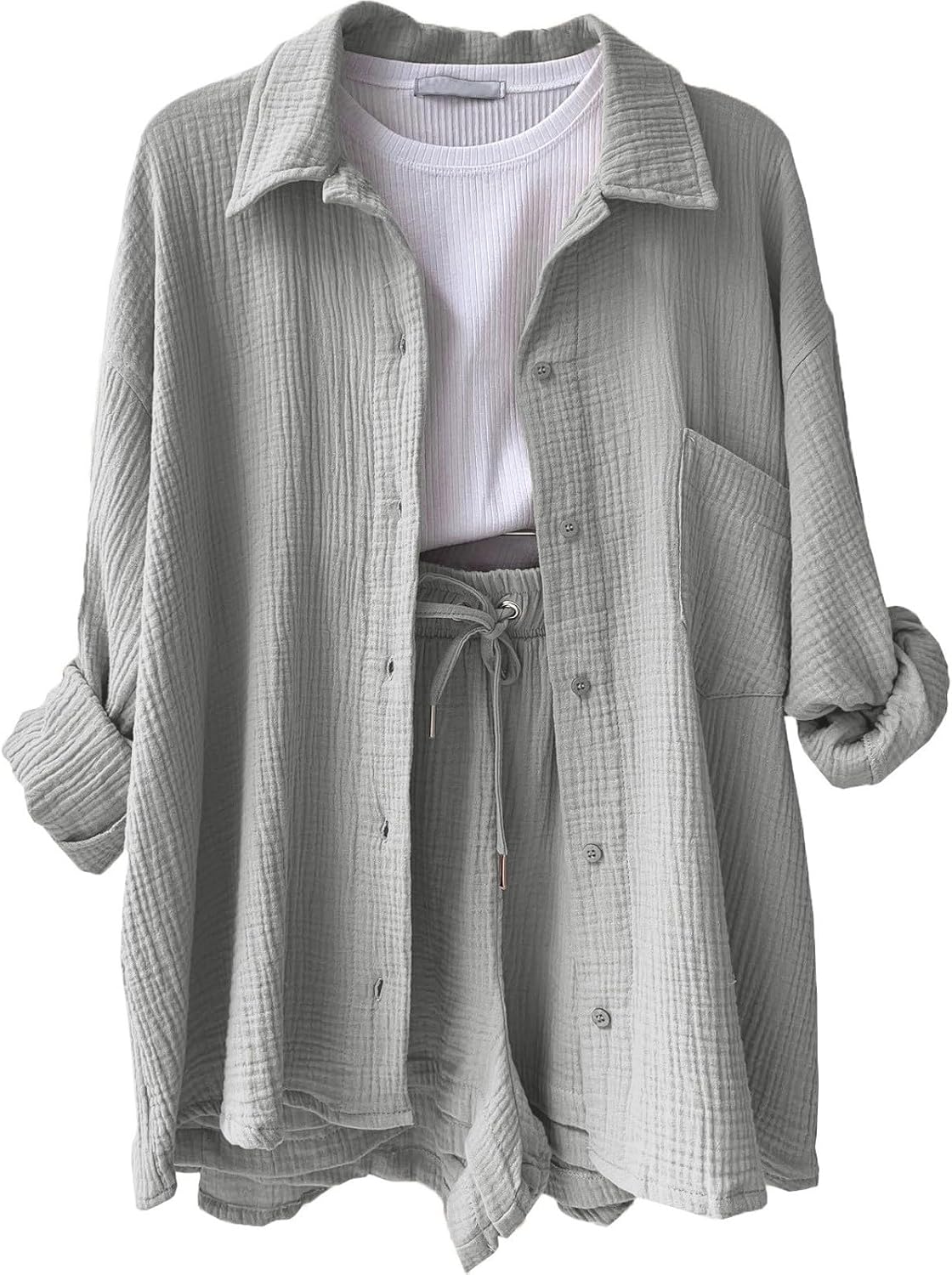 🔥Last day promotion🔥Women's Pleated Button Shirt Casual Suit（Top + vest + shorts）