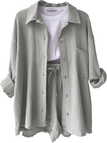 🔥Last day promotion🔥Women's Pleated Button Shirt Casual Suit（Top + vest + shorts）