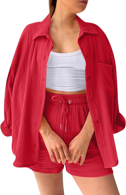 🔥Last day promotion🔥Women's Pleated Button Shirt Casual Suit（Top + vest + shorts）