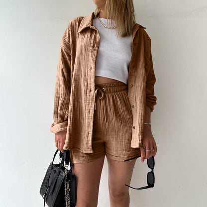 🔥Last day promotion🔥Women's Pleated Button Shirt Casual Suit（Top + vest + shorts）