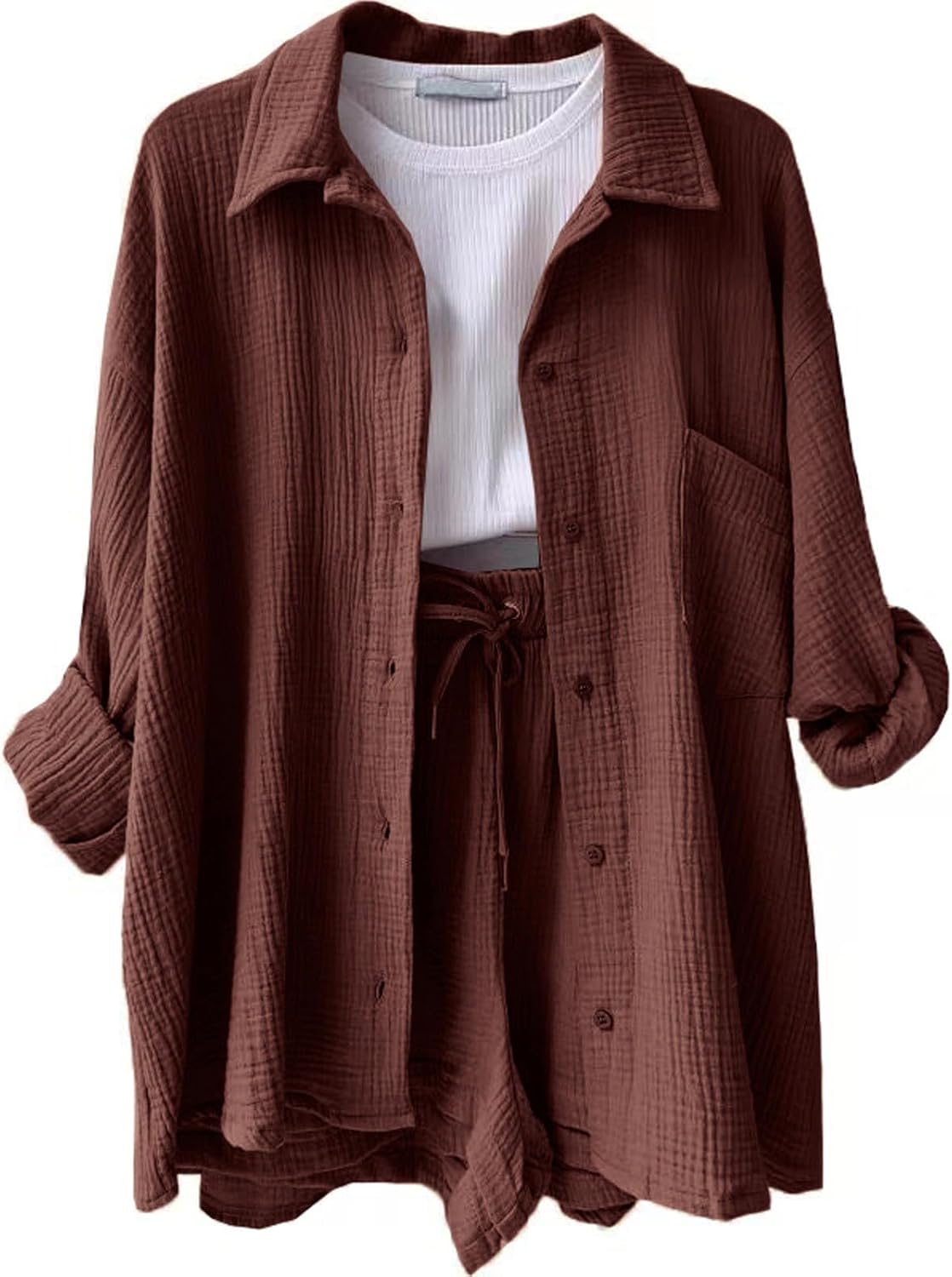 🔥Last day promotion🔥Women's Pleated Button Shirt Casual Suit（Top + vest + shorts）
