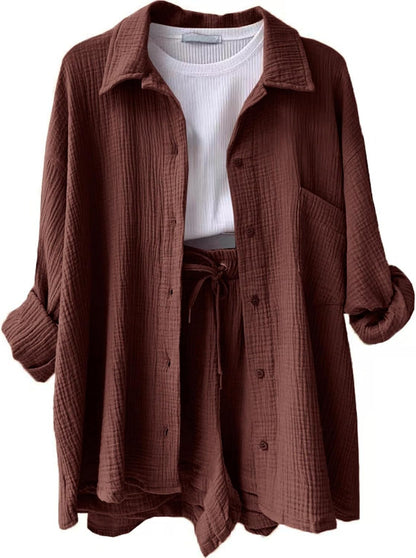 🔥Last day promotion🔥Women's Pleated Button Shirt Casual Suit（Top + vest + shorts）