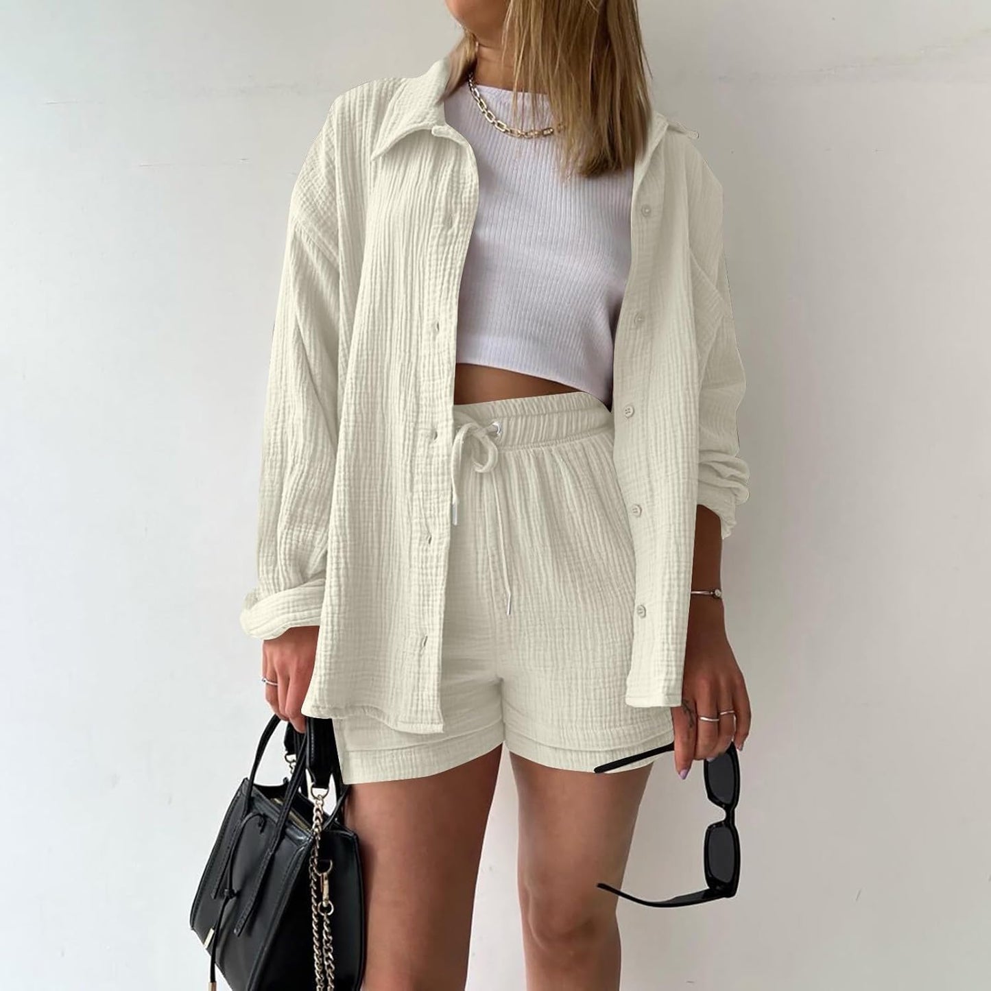 🔥Last day promotion🔥Women's Pleated Button Shirt Casual Suit（Top + vest + shorts）