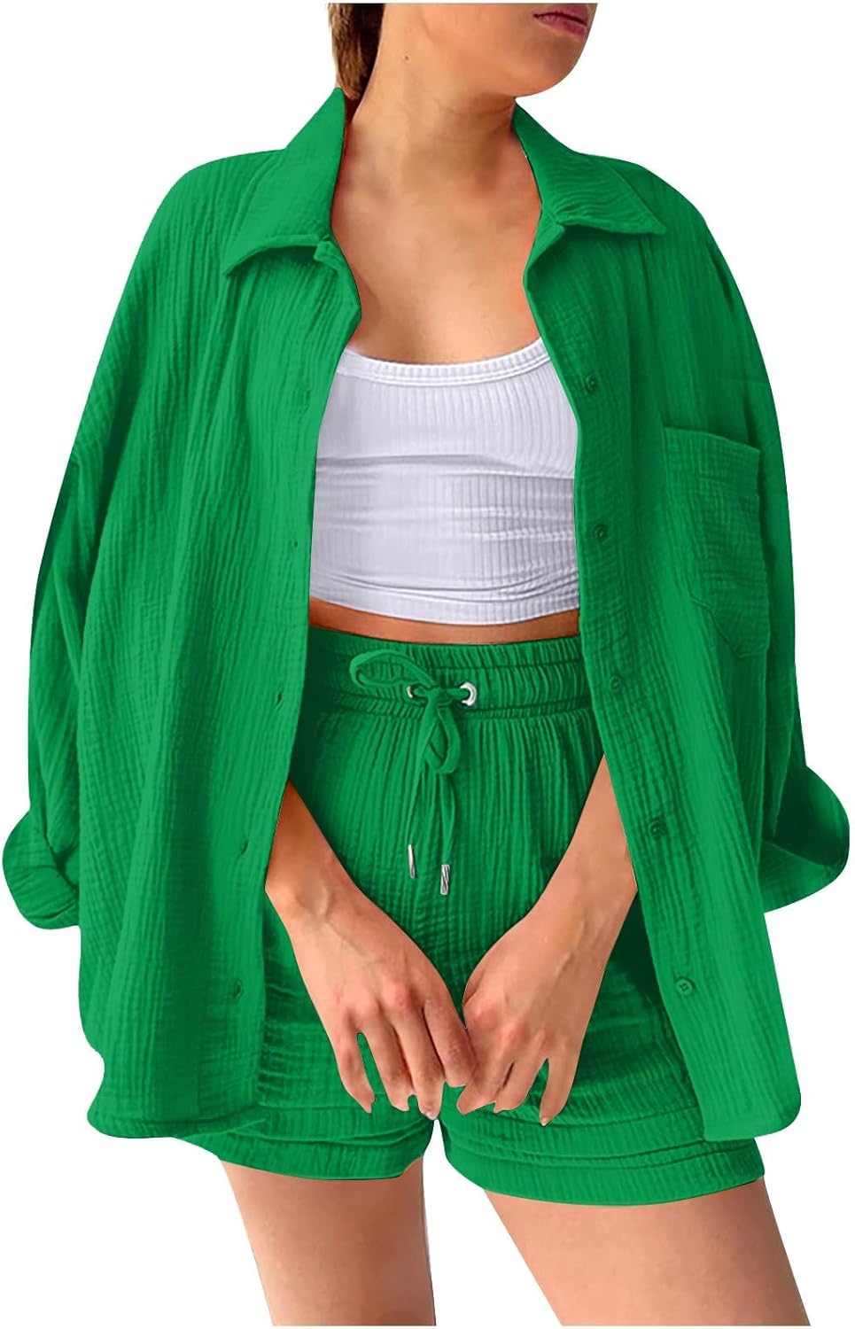 🔥Last day promotion🔥Women's Pleated Button Shirt Casual Suit（Top + vest + shorts）