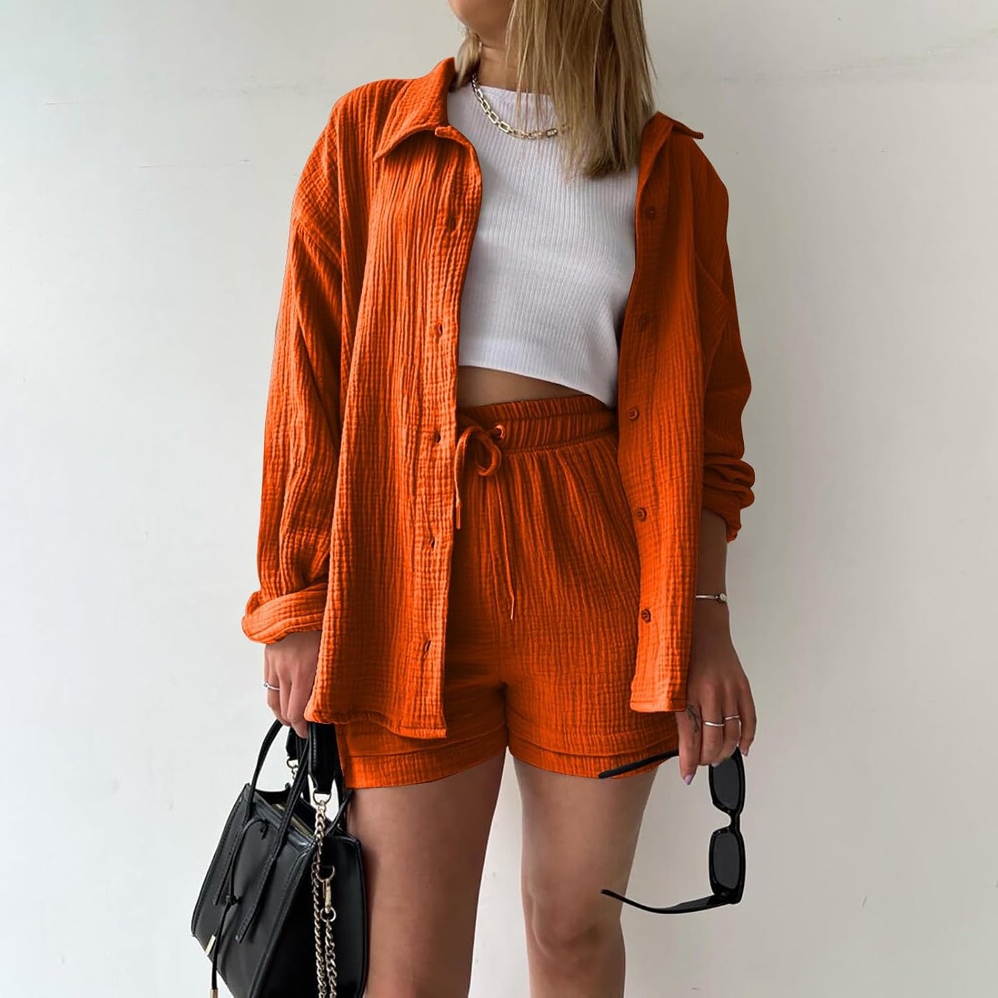 🔥Last day promotion🔥Women's Pleated Button Shirt Casual Suit（Top + vest + shorts）