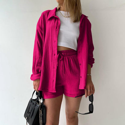 🔥Last day promotion🔥Women's Pleated Button Shirt Casual Suit（Top + vest + shorts）