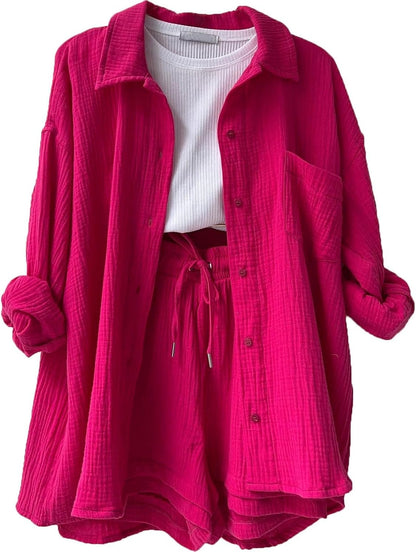 🔥Last day promotion🔥Women's Pleated Button Shirt Casual Suit（Top + vest + shorts）