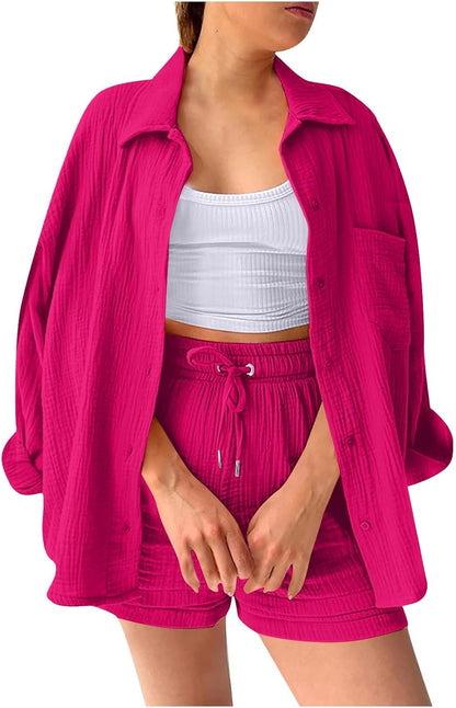 🔥Last day promotion🔥Women's Pleated Button Shirt Casual Suit（Top + vest + shorts）