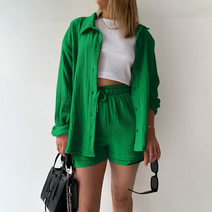 🔥Last day promotion🔥Women's Pleated Button Shirt Casual Suit（Top + vest + shorts）