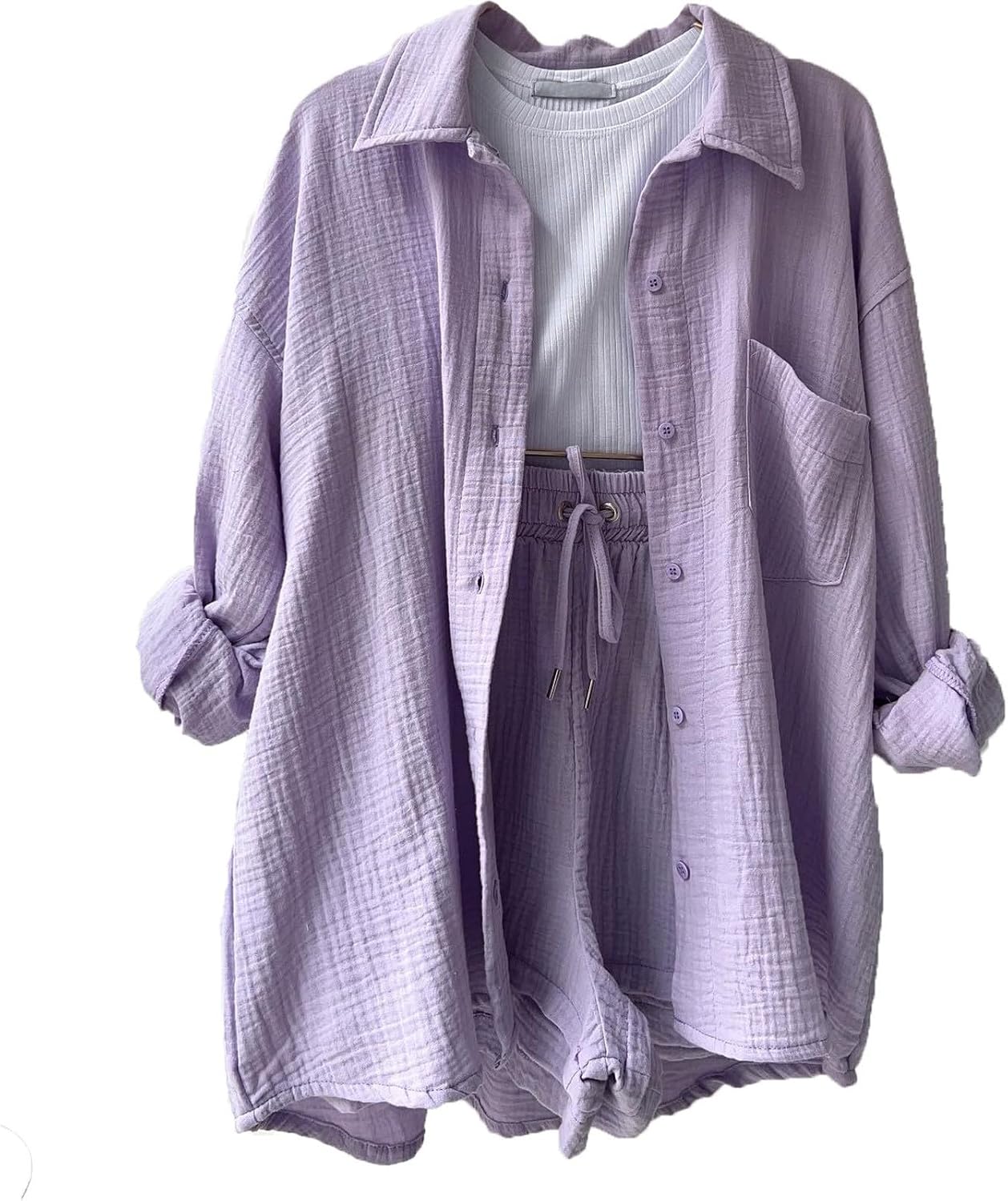 🔥Last day promotion🔥Women's Pleated Button Shirt Casual Suit（Top + vest + shorts）