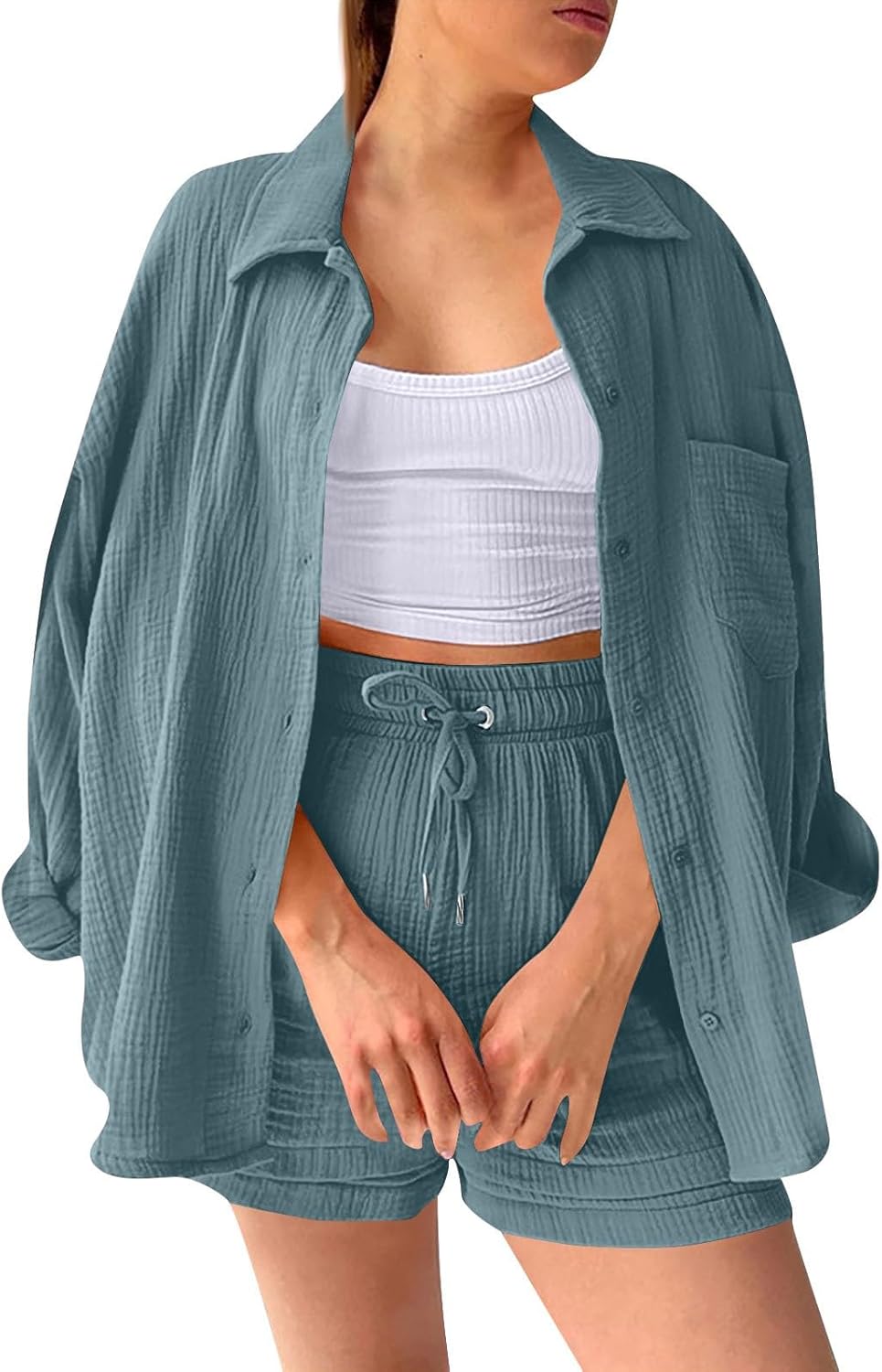🔥Last day promotion🔥Women's Pleated Button Shirt Casual Suit（Top + vest + shorts）