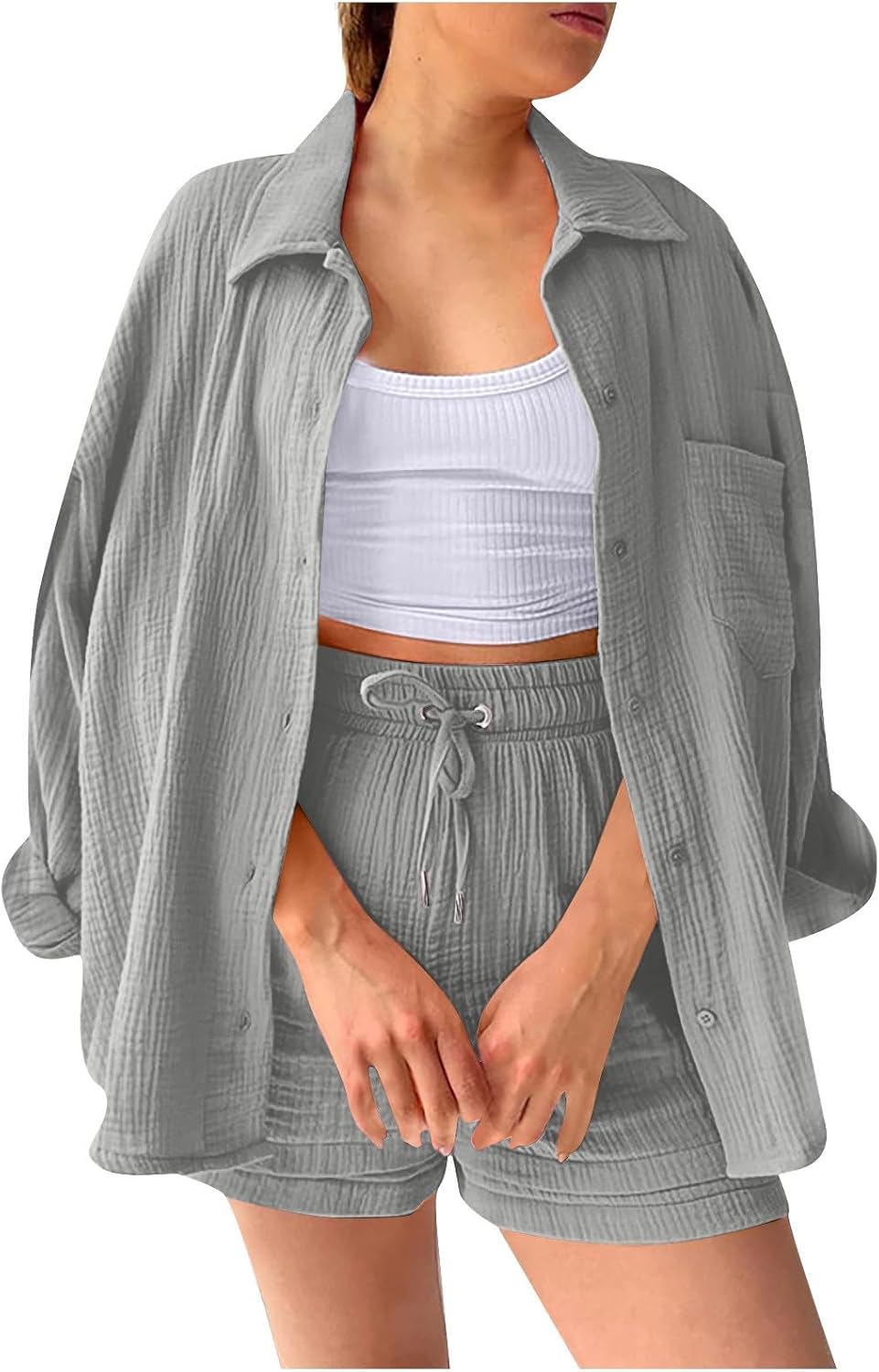 🔥Last day promotion🔥Women's Pleated Button Shirt Casual Suit（Top + vest + shorts）