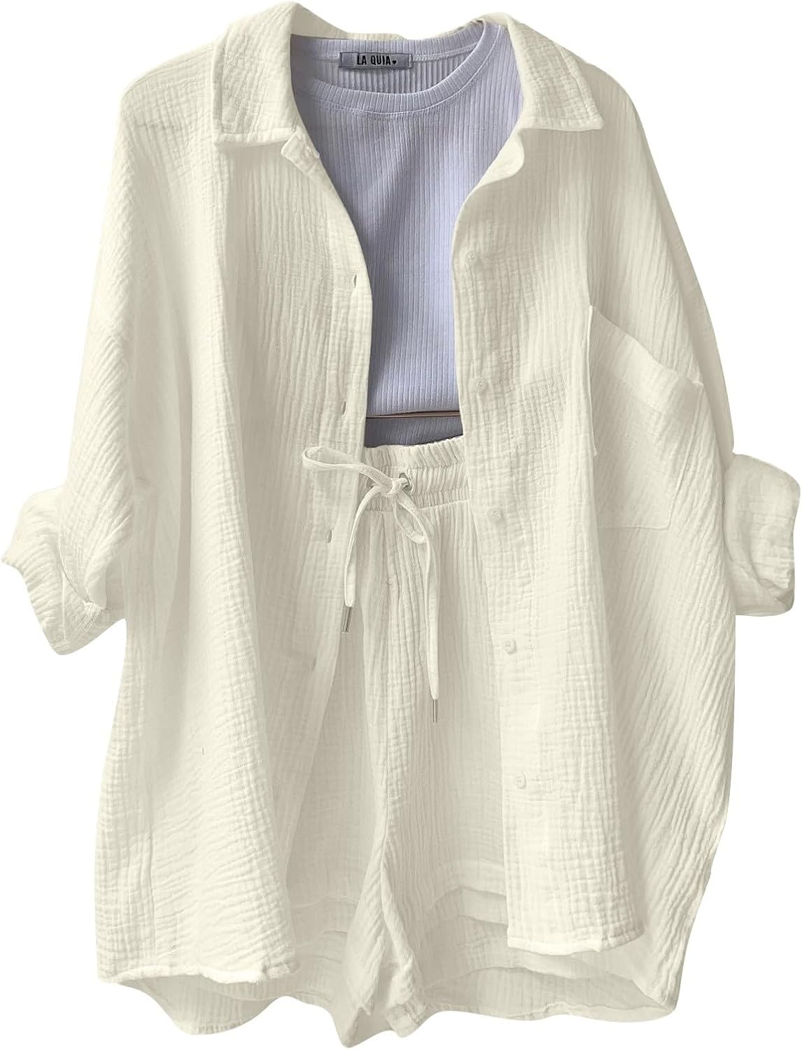 🔥Last day promotion🔥Women's Pleated Button Shirt Casual Suit（Top + vest + shorts）