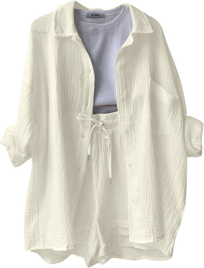 🔥Last day promotion🔥Women's Pleated Button Shirt Casual Suit（Top + vest + shorts）