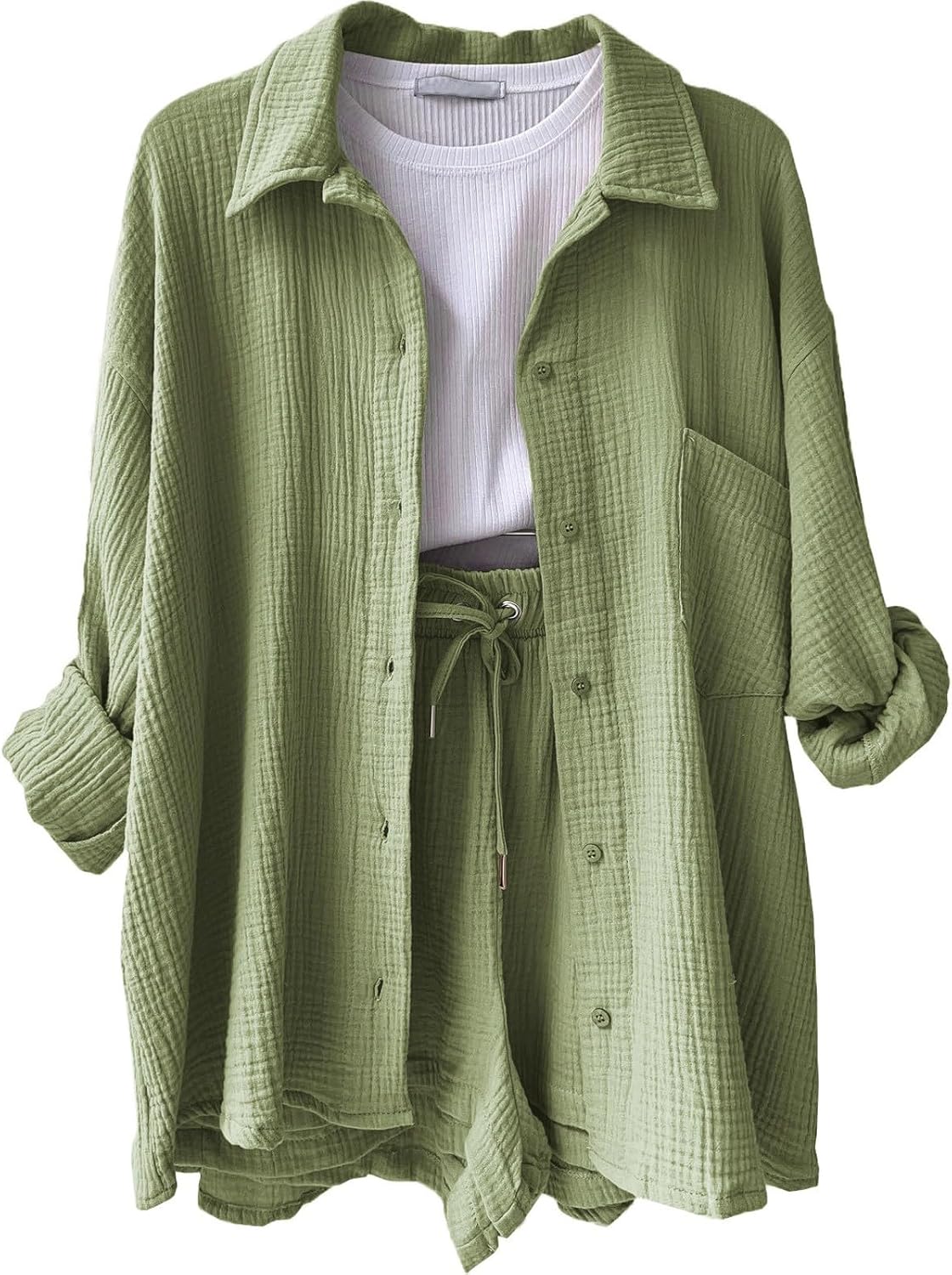 🔥Last day promotion🔥Women's Pleated Button Shirt Casual Suit（Top + vest + shorts）