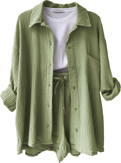 🔥Last day promotion🔥Women's Pleated Button Shirt Casual Suit（Top + vest + shorts）