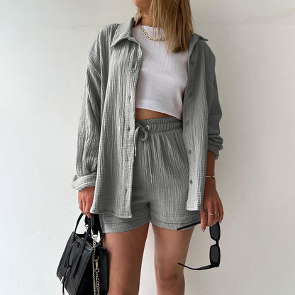 🔥Last day promotion🔥Women's Pleated Button Shirt Casual Suit（Top + vest + shorts）