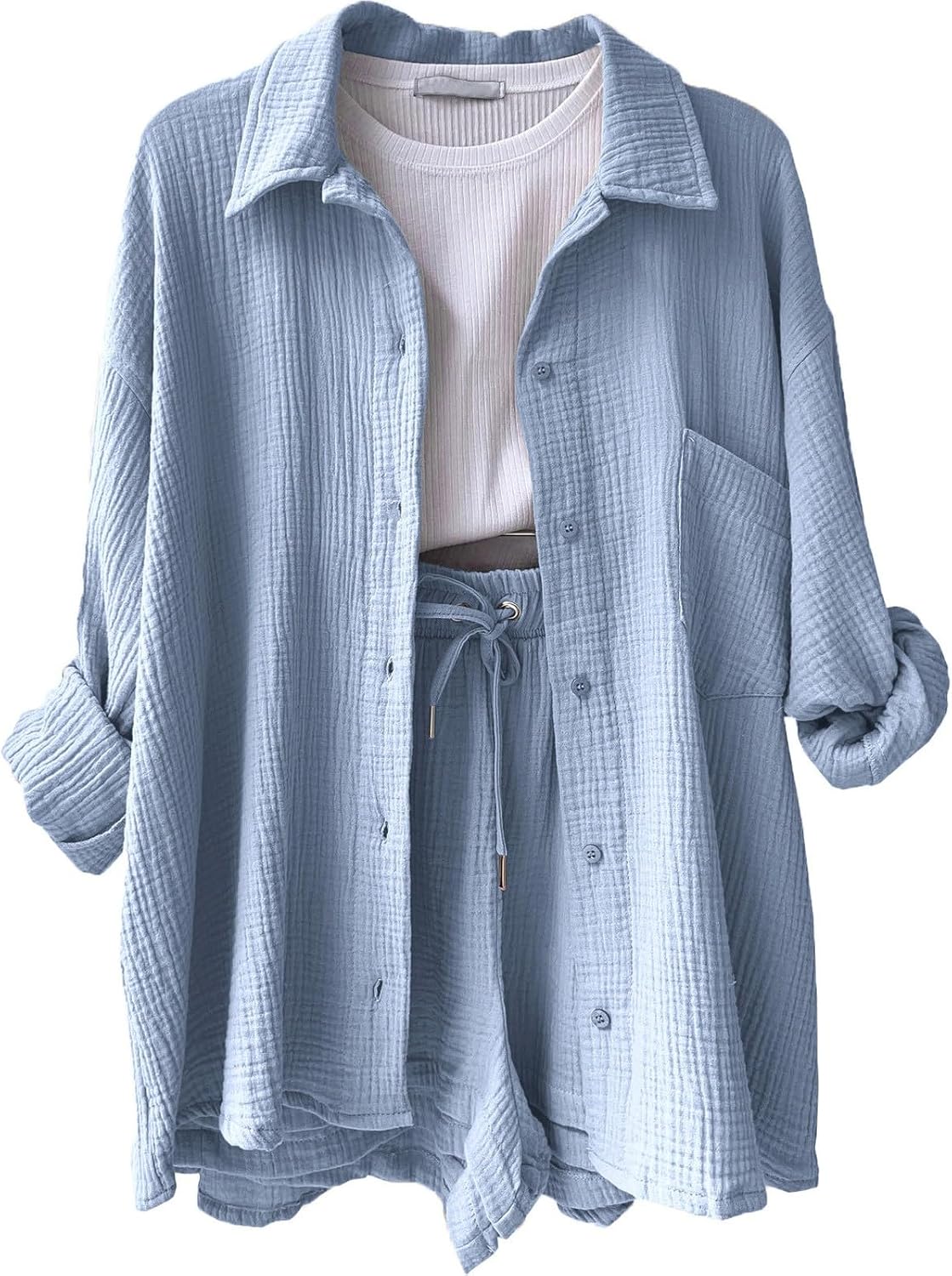 🔥Last day promotion🔥Women's Pleated Button Shirt Casual Suit（Top + vest + shorts）