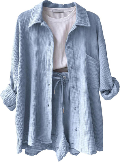 🔥Last day promotion🔥Women's Pleated Button Shirt Casual Suit（Top + vest + shorts）