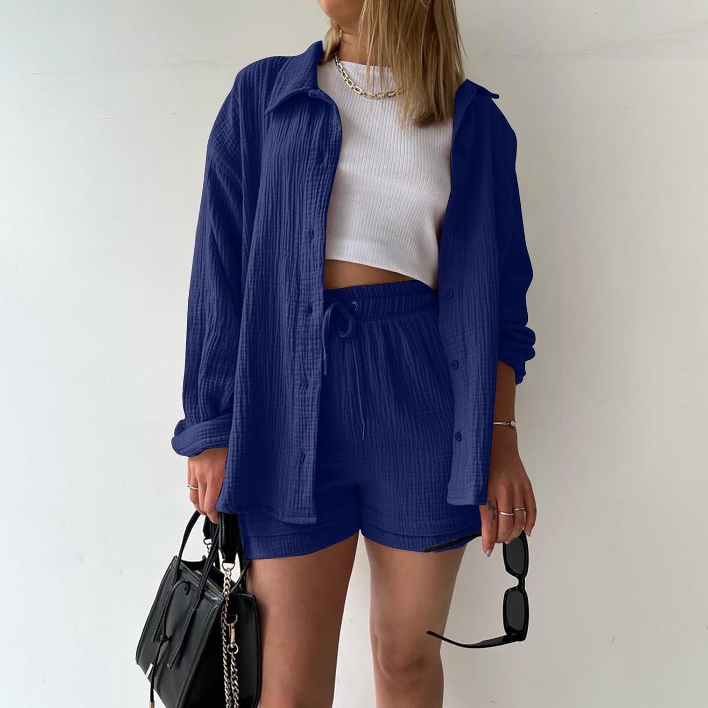 🔥Last day promotion🔥Women's Pleated Button Shirt Casual Suit（Top + vest + shorts）