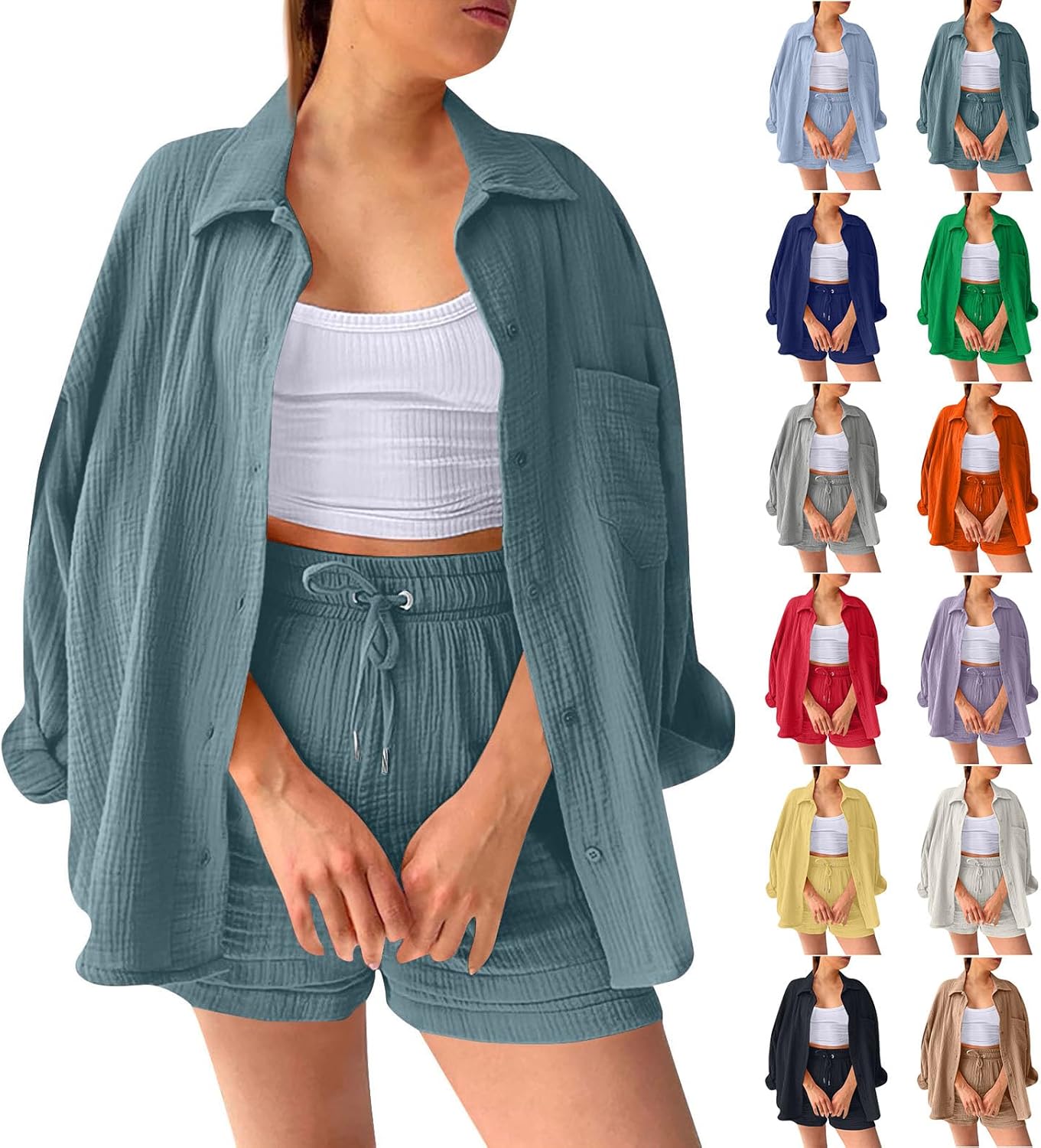 🔥Last day promotion🔥Women's Pleated Button Shirt Casual Suit（Top + vest + shorts）