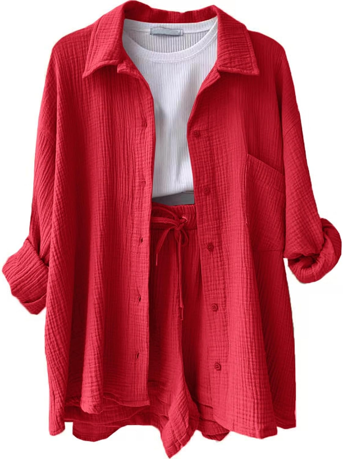 🔥Last day promotion🔥Women's Pleated Button Shirt Casual Suit（Top + vest + shorts）