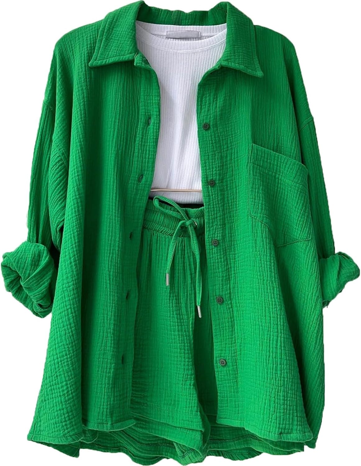 🔥Last day promotion🔥Women's Pleated Button Shirt Casual Suit（Top + vest + shorts）