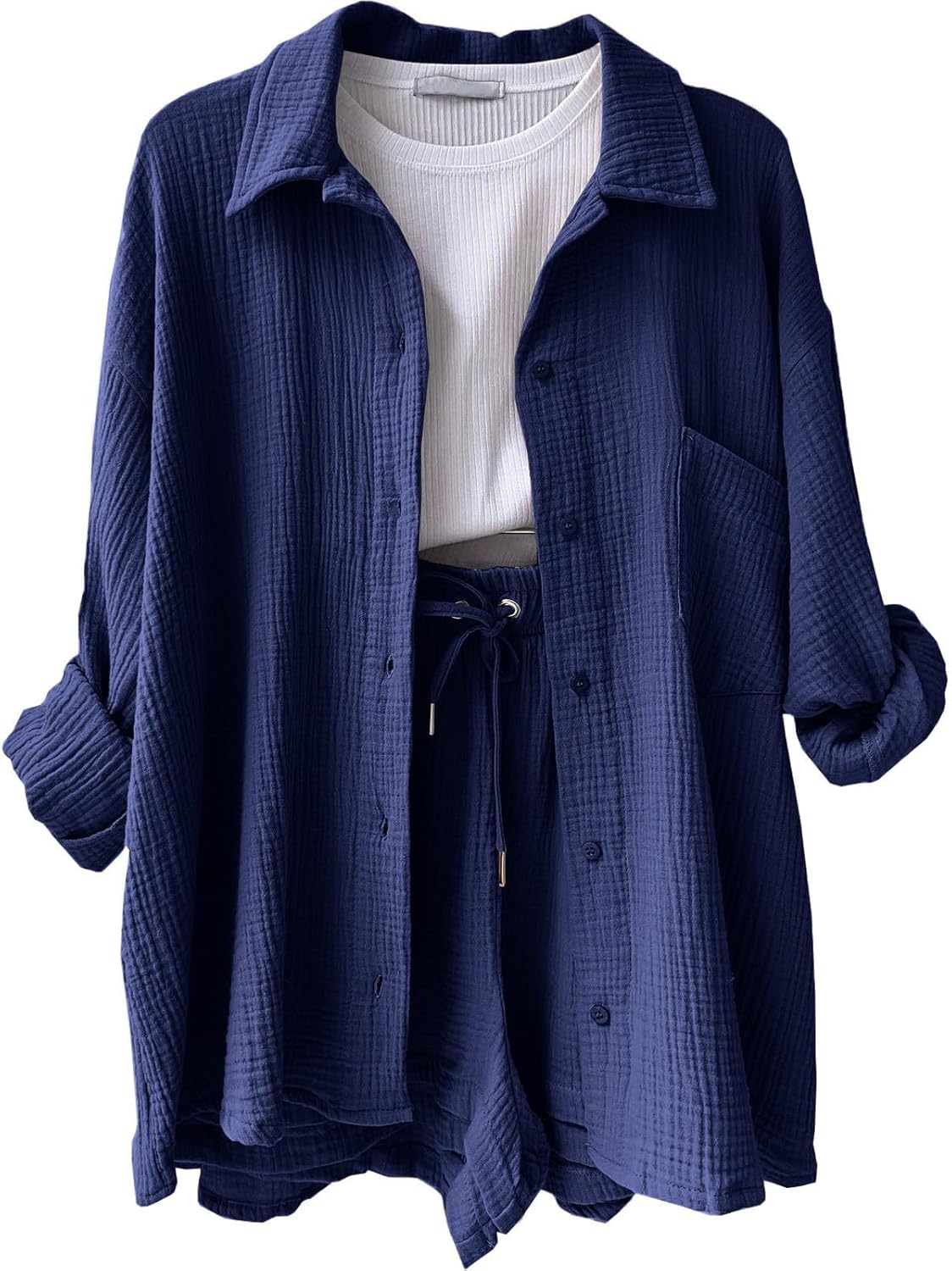 🔥Last day promotion🔥Women's Pleated Button Shirt Casual Suit（Top + vest + shorts）