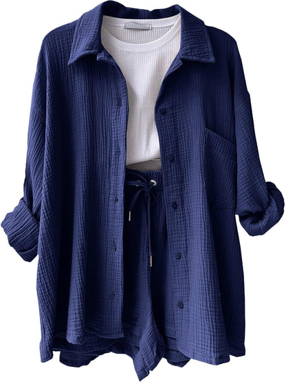🔥Last day promotion🔥Women's Pleated Button Shirt Casual Suit（Top + vest + shorts）
