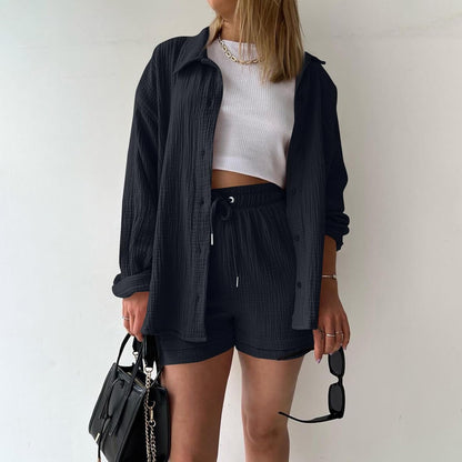 🔥Last day promotion🔥Women's Pleated Button Shirt Casual Suit（Top + vest + shorts）