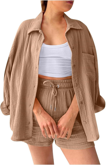 🔥Last day promotion🔥Women's Pleated Button Shirt Casual Suit（Top + vest + shorts）
