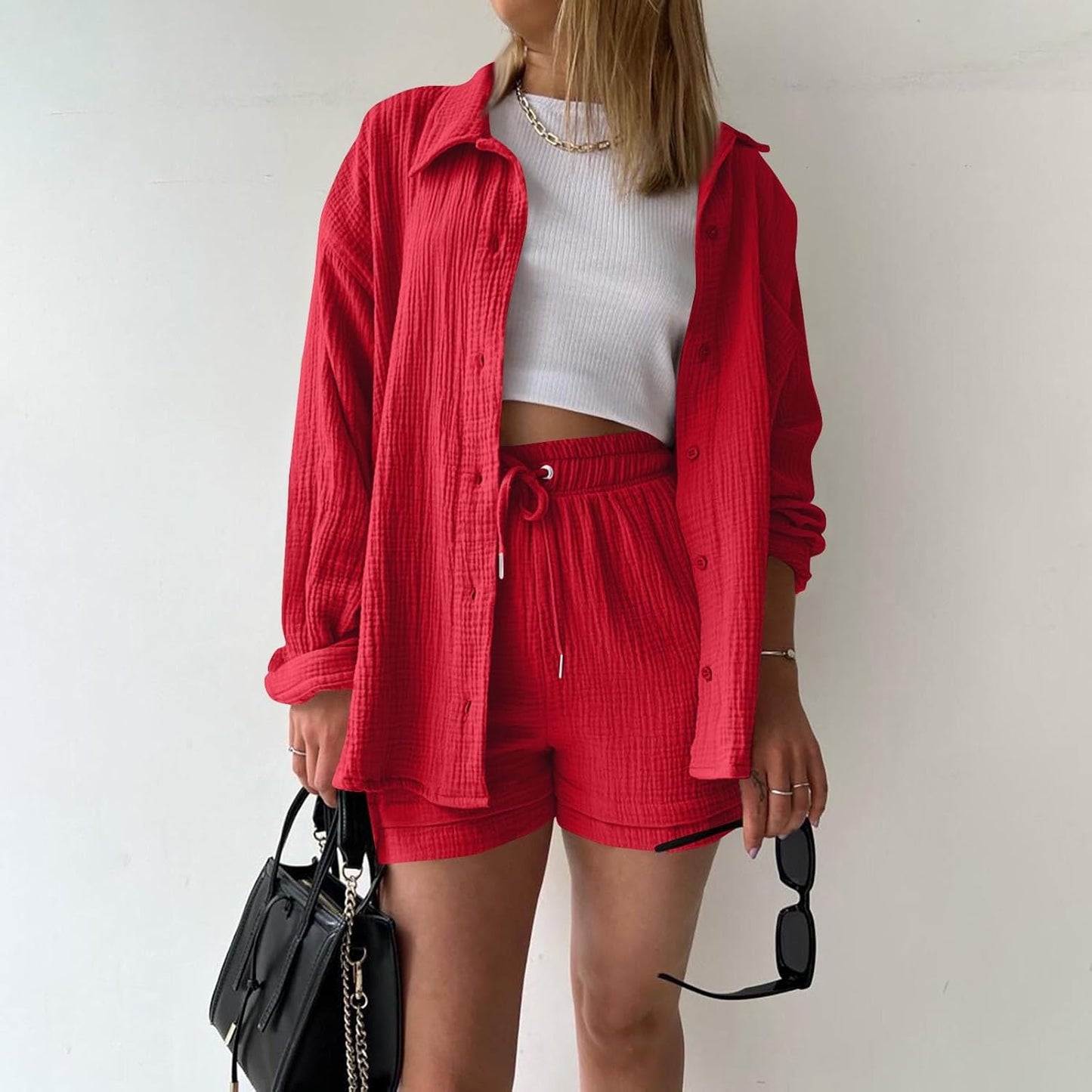 🔥Last day promotion🔥Women's Pleated Button Shirt Casual Suit（Top + vest + shorts）