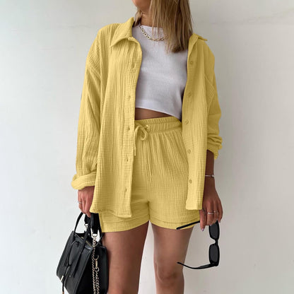 🔥Last day promotion🔥Women's Pleated Button Shirt Casual Suit（Top + vest + shorts）