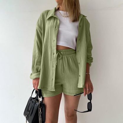 🔥Last day promotion🔥Women's Pleated Button Shirt Casual Suit（Top + vest + shorts）