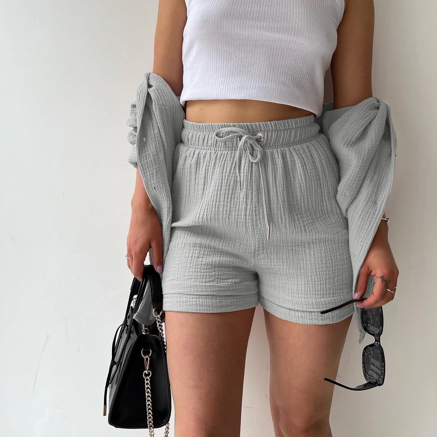 🔥Last day promotion🔥Women's Pleated Button Shirt Casual Suit（Top + vest + shorts）