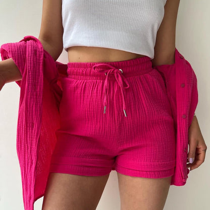 🔥Last day promotion🔥Women's Pleated Button Shirt Casual Suit（Top + vest + shorts）