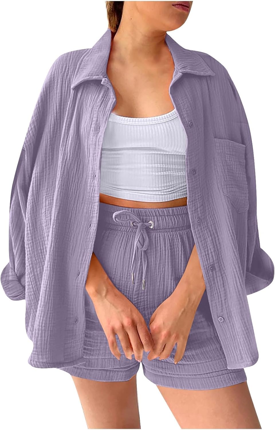 🔥Last day promotion🔥Women's Pleated Button Shirt Casual Suit（Top + vest + shorts）